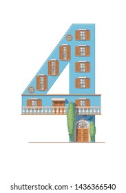 Number 4 house isolated on white background. Vertical portrait A4 page. Printable.