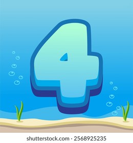 Number 4 Illustration with Gradient Blue Background, Bubbles, and Ocean Floor Details Featuring Sand and Seaweed