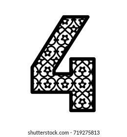 Number 4 for laser cutting. Numeral character four. Decorative paper font. Numeric date template. Vector letter for wedding invitation and birthday card.