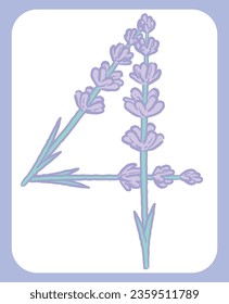 Number 4. Lavender flower font. Vector illustration.