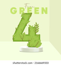 Number 4 leaves and branches on the stand. Leaves font. 4 symbol with green plant texture. Eco symbol collection. Vector design piece and template illustration.