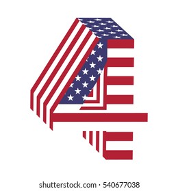 Number 4 letter from 3d with American flag texture wrapped. Volume USA vector font