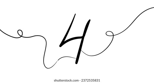 Number 4 line art drawing on white background. 4th birthday continuous drawing contour. Minimal vector illustration