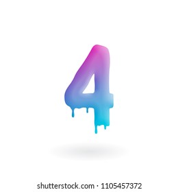 Number 4 logo. Colored paint four icon with drips. Dripping liquid symbol. Isolated art concept vector.