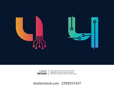 Number 4 logo design collection. Abstract symbol for digital technology.