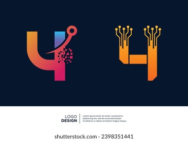 Number 4 logo design collection. Abstract symbol for digital technology.