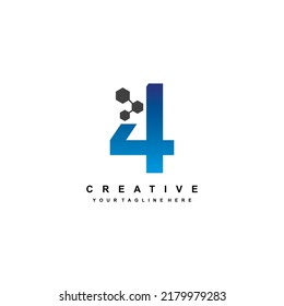 Number 4 logo design with elegant and luxurious style. Blue Geometric Shapes with Hexagon Pixel Points. suitable for Business Logo, Technology, company. Logo Template Elements. number design