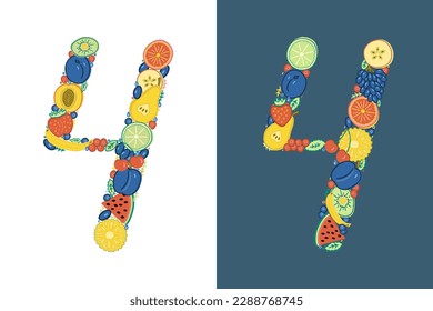 The number 4 is made up of brightly colored fruits and berries. Different fours, one on a white and one on a dark blue background. Hand-drawn in doodle style.