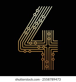 Number 4 Made of Gold Circuit Board Representing Electronic and Digital Data