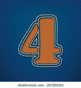Number 4 made from leather on jeans background - vector illustration