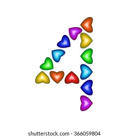Number 4 made of multicolored hearts on white background