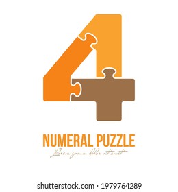 Number 4 is made up of puzzles. Vector illustration for logo, brand logo, sticker or scrapbooking, for education. Simple style.