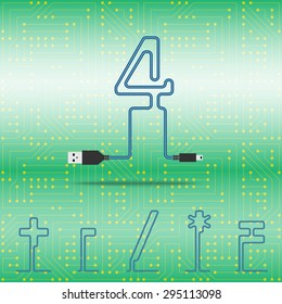 Number 4 and mathematical symbols laid cable. USB blue cable, vector illustration. Background microchip