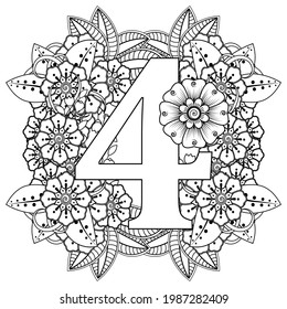 Number 4 with Mehndi flower. decorative ornament in ethnic oriental style. coloring book page.  svg