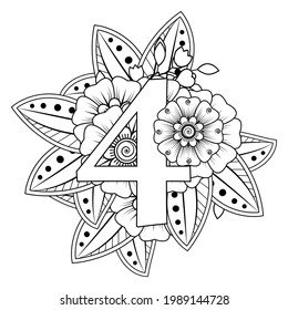 Number 4 with Mehndi flower. decorative ornament in ethnic oriental style. coloring book page.  svg