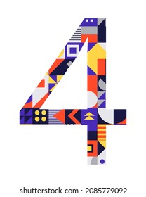 Número 4 de formas geométricas multicolores aisladas en blanco. Neo geo. Ilustración del vector