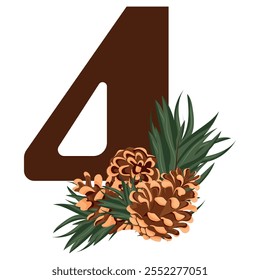 number 4 with new year design, namely different pine cones and pine branches for christmas and new year designs