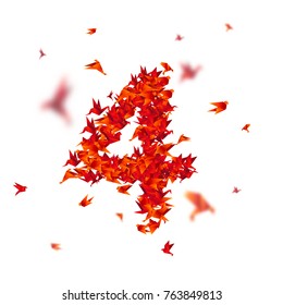 Number 4. Numbers with origami paper bird on abstract background