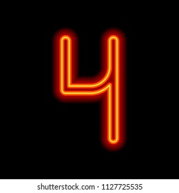 Number 4, numeral, fourth. Orange neon style on black background. Light icon