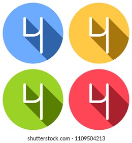 Number 4, numeral, fourth. Set of white icons with long shadow on blue, orange, green and red colored circles. Sticker style