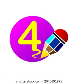 Number 4 with pencil in dots, colorful clipart. Simple, beautiful and cool vector graphic resource