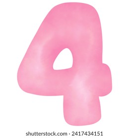 Number 4 pink painted in watercolor, vector illustration.