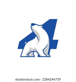 Number 4 with polar bear logo design template. Creative vector symbol.