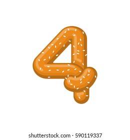 Number 4 pretzel. snack font four symbol. Food alphabet sign. Traditional German meal is ABC. Bake numeric
