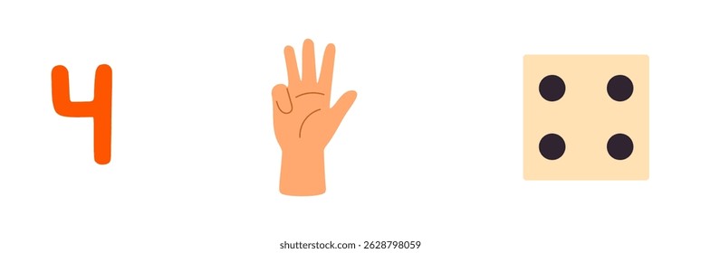 Number 4 with raised four fingers and four-dot dice for number recognition