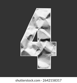 Number 4 in ransom note font, jagged edges on crumpled paper. Halftone stipple texture, gritty grunge look, school style collage.