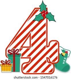 number 4 with red and white candy cane pattern and christmas design elements isolated on white background. can be used for holiday season card, nursery decoration or christmas paty invitation