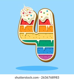 The number 4 shaped rainbow cake