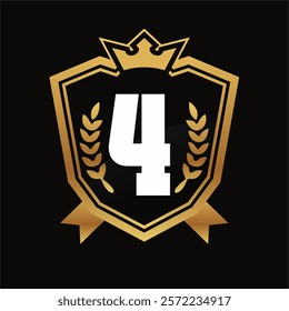 Number 4 Shield Logo with Golden Crown, Laurel Wreaths, and Black Background Premium Award Design Concept