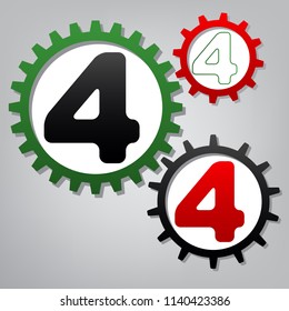 Number 4 sign design template element. Vector. Three connected gears with icons at grayish background.