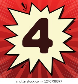 Number 4 sign design template element. Vector. Dark red icon in lemon chiffon shutter bubble at red popart background with rays.