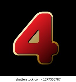 Number 4 sign design template element. Vector. Red icon with small black and limitless shadows at golden sticker on black background.