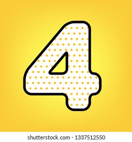 Number 4 sign design template element. Vector. Yellow polka dot white icon with black contour at warm yellow background.
