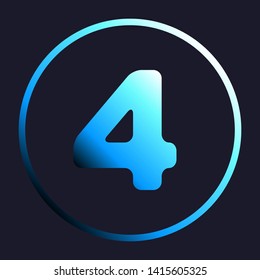 Number 4 sign design template element. White, cyan and blue gradient icon as round button in white shell at dark blue background. Illustration.