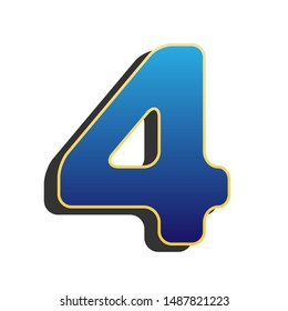 Number 4 sign design template element. Blue icon with gold contour with dark gray shadow at white background. Illustration.