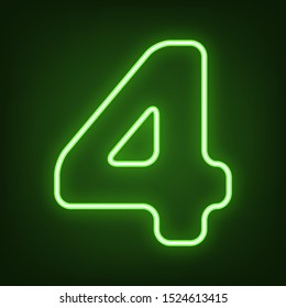 Number 4 sign design template element. Green neon icon in the dark. Blurred lightening. Illustration.