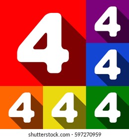 Number 4 sign design template element. Vector. Set of icons with flat shadows at red, orange, yellow, green, blue and violet background.