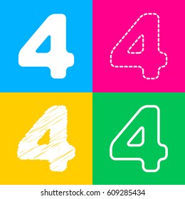 Number 4 sign design template element. Four styles of icon on four color squares.