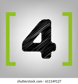 Number 4 sign design template element. Vector. Black scribble icon in citron brackets on grayish background.