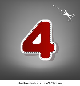 Number 4 sign design template element. Vector. Red icon with for applique from paper with shadow on gray background with scissors.