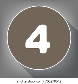 Number 4 sign design template element. Vector. White icon on brown circle with white contour and long shadow at gray background. Like top view on postament.