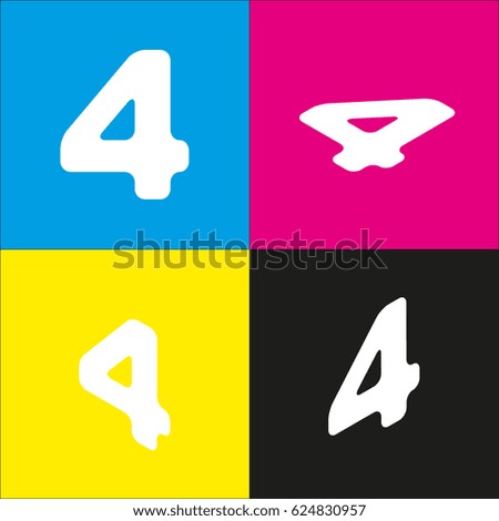Number 4 sign design template element. Vector. White icon with isometric projections on cyan, magenta, yellow and black backgrounds.