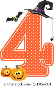 number 4 with smiling pumpkins and halloween design elements isolated on white background. can be used for nursery decoration or halloween paty invitation