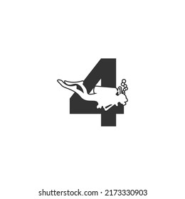 Number 4 and someone scuba, diving icon illustration template