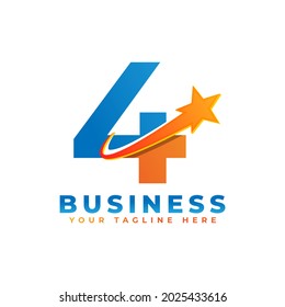 Number 4 with Star Swoosh Logo Design. Suitable for Start up, Logistic, Business Logo Template
