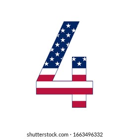 Number 4 with stars and stripes. American flag lettering font.
Vector USA national flag style with number 4.
Patriotic american element.  For poster, card, banner and background. 